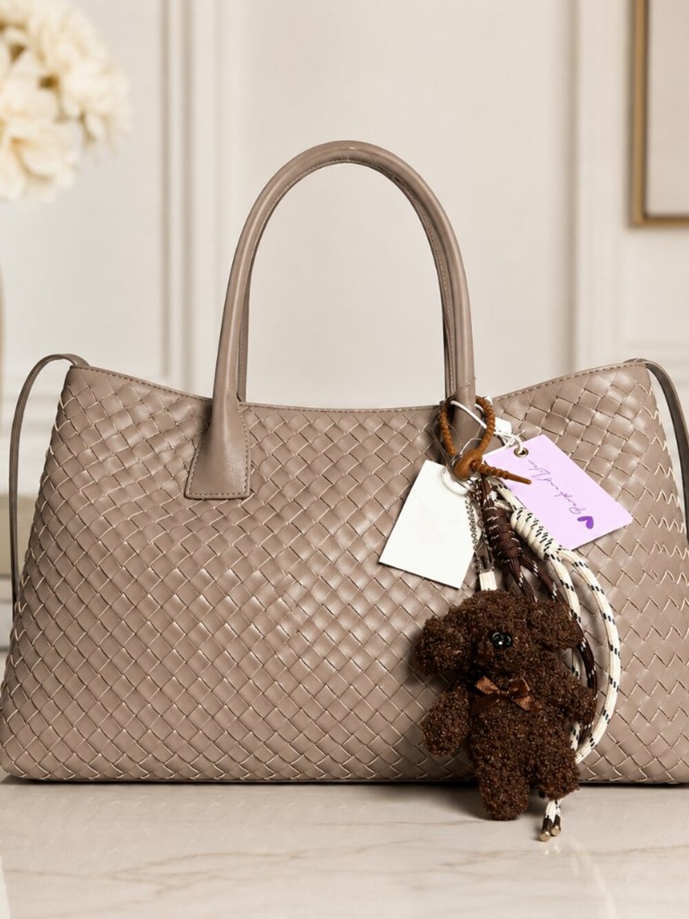 Purple + Lilac Woven Taupe Tote Bag with Teddy Bear Charm NWT